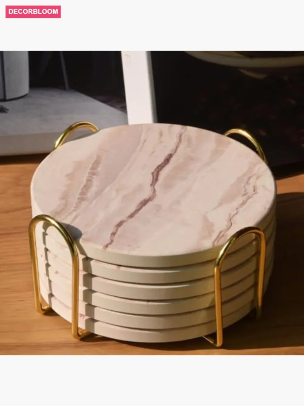 6 Round Ceramic Coasters with Holder - Absorbent Set for Home Bar 4 Inches
